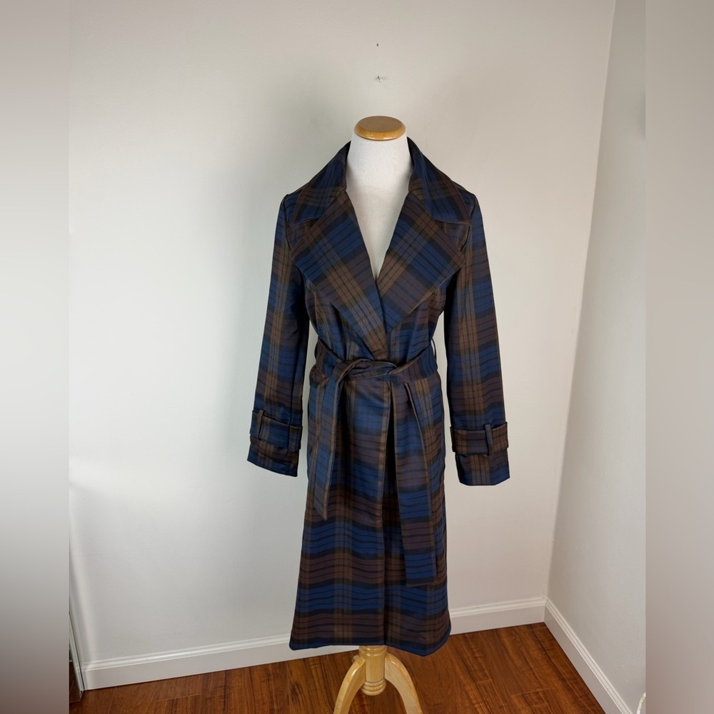 NWT Rachel Zoe Plaid Trench Coat Blue Brown Size XS